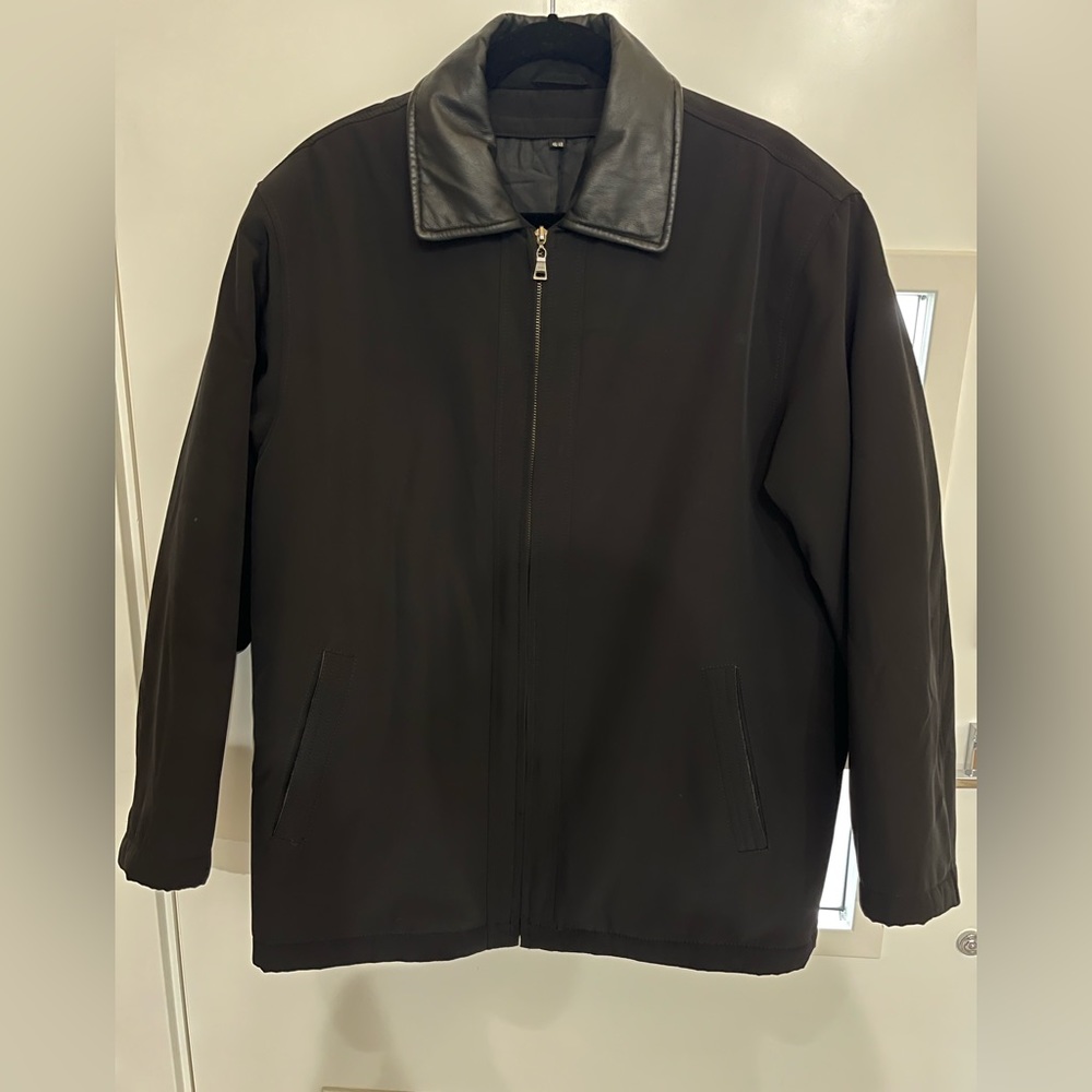 Black men’s coat with leather collar. Size 46/48 M-L